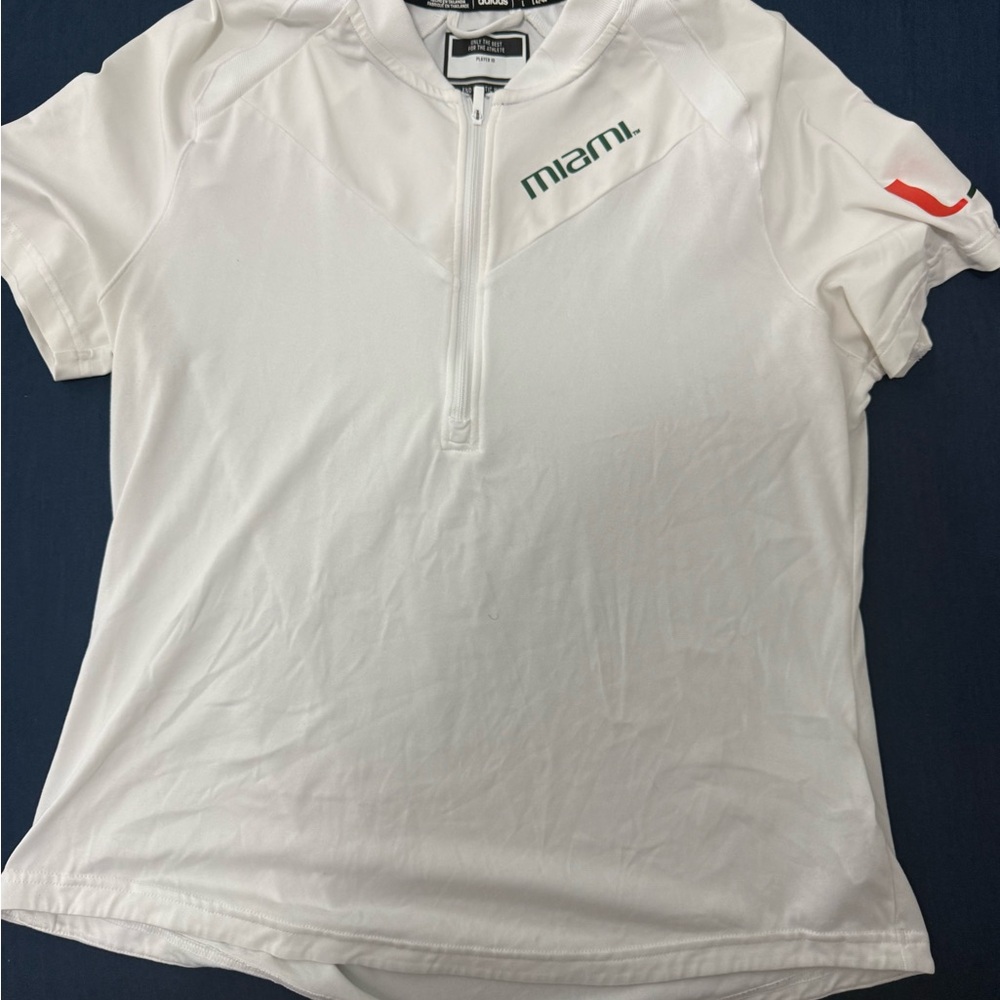UNISEX UMIAMI Adidas White Half-Zip Shirt with Green Logo